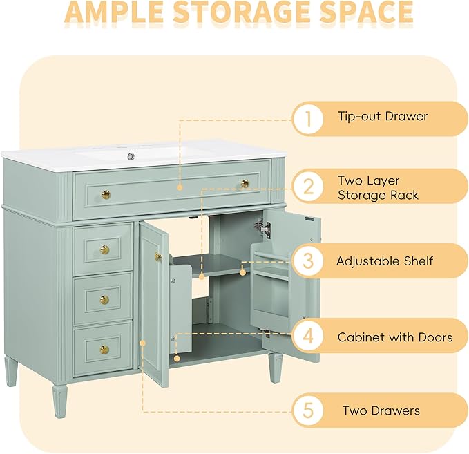 Harper & Bright Designs 36" Bathroom Vanity with Sink, Free Standing Single Basin Vanity Set with Tip-Out Drawer, 3 Drawers, and 2 Doors, Wood Bathroom Cabinet with Ceramic Basin for Bathroom, Green