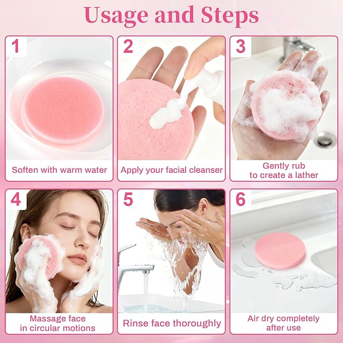 60pcs Compressed Facial Sponges - Round Face Sponge Disposable Travel Facial Cleansing Pads Makeup Sponge for Face Wash Exfoliating Remover Skin Care Beauty Tool Esthetician Essential（Pink）