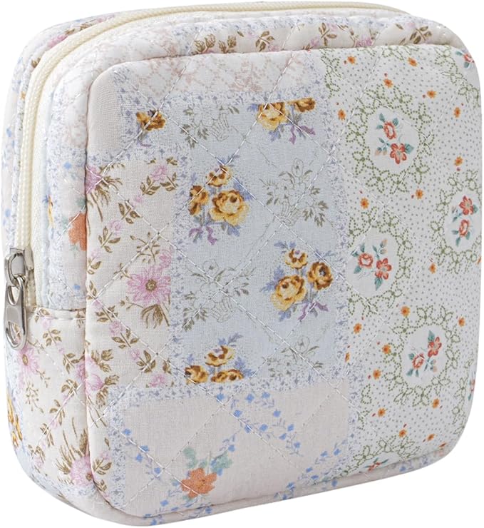 Small Quilted Cosmetic Pouch for Purse, Mini Cotton Makeup Bag with Compartments, Cute Zipper Lipstick Holder for Women (14Mixed Flowers)