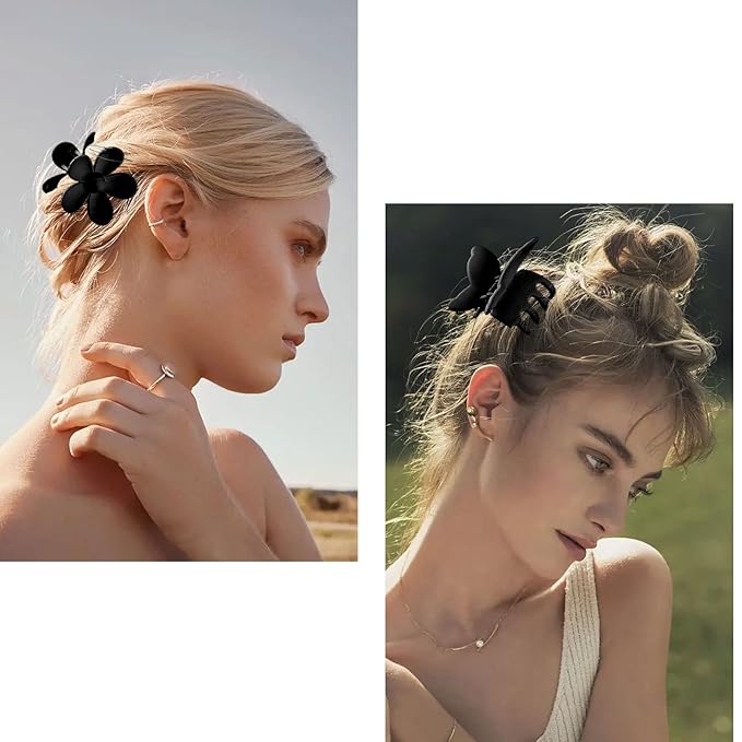 6 Pack Matte Non-Slip Hair Accessories - Claw Clips in Black for Thin and Thick Hair, Ranging from 1.85-4.5 Inches, Featuring Flower, Banana, and Butterfly Designs for Women and Girls