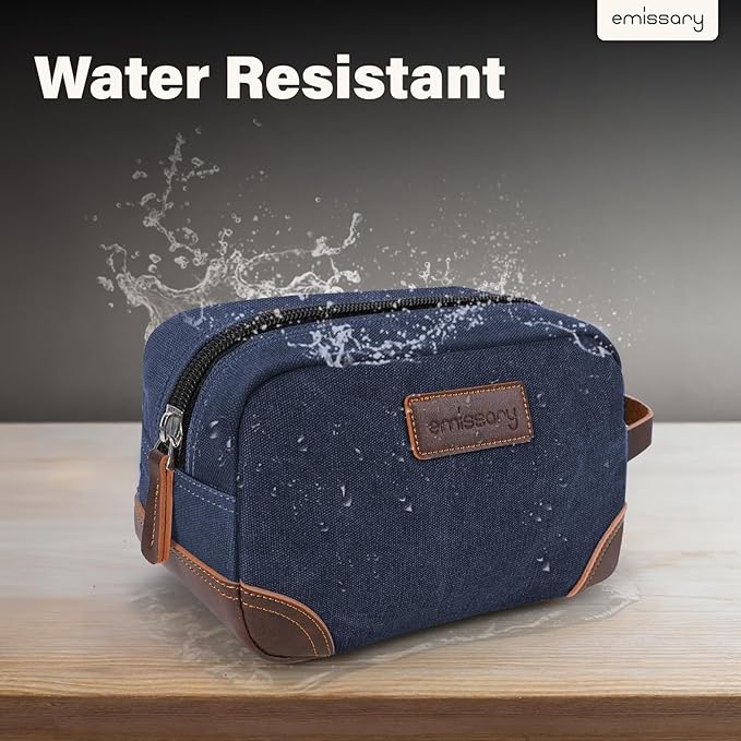 emissary Men's Toiletry Bag, Leather and Canvas Travel Toiletry Bag, Dopp Kit for Men, Travel Bathroom Bag Men's Shaving Kit, Travel Kit Small Bags for Men, Shaving Bag for Travel Accessories (Blue)