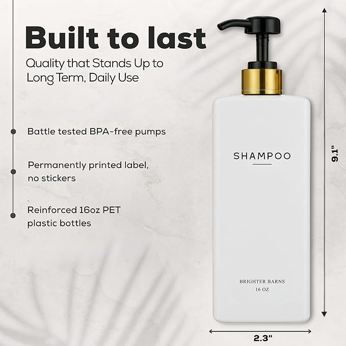White Shampoo and Conditioner Dispenser Set by Brighter Barns - Refillable Shampoo and Conditioner Bottles - Reusable Shower Soap Dispenser in Hotel, Gold Bathroom, Guest House, Modern Airbnb (White)