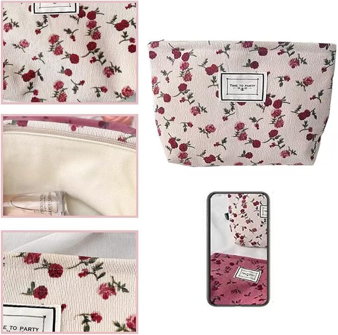 SxoSyo Cosmetic Bags for Women Makeup Bag Large Capacity Purse Travel Toiletry Zipper Storage Pouch Make up Brushes Organizer for Gifts (Beige, Rose)