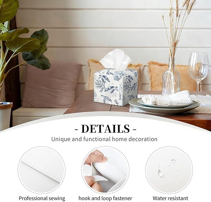 Sea Turtle Tissue Box Cover Leather Tissue Box Holder Square Facial Paper Organizer Dispenser for Bathroom Kitchen Bedroom Vanity Countertop Night Stands
