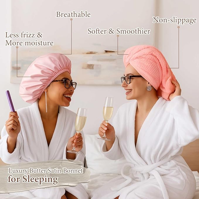 4 Pcs Microfiber Drying Hair Wrap Towels Reusable Waterproof Shower Cap with Elastic Band Adjustable Silk Hair Bonnet for Sleeping with Scrunchie for Women Christmas Favor Gifts(Pink)