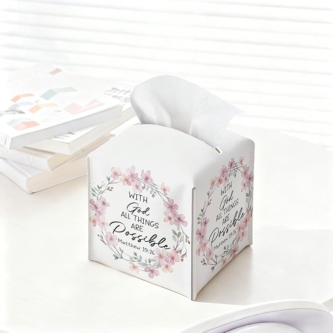with God All Things are Possible Tissue Box Cover Square, Pink Wreaths Waterproof Leather Tissue Box Holder, Pink Paper Facial Tissue Box Covers Cube for Office Bathroom Home Prayer Room