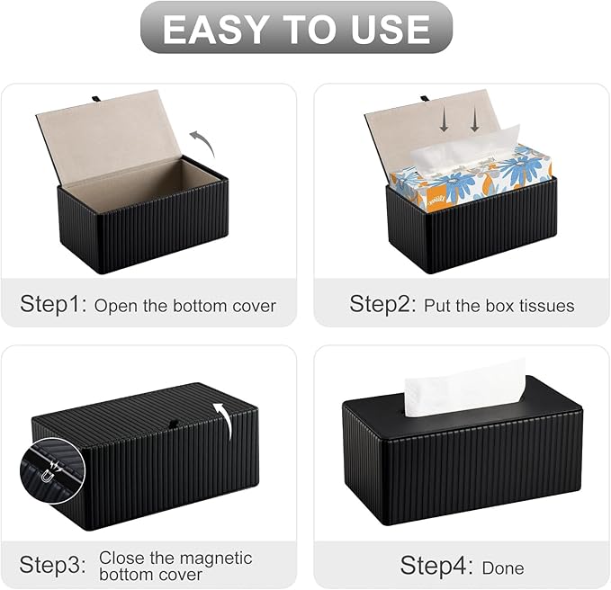 KINGFOM PU Leather Tissue Box Cover Rectangular Tissue Box Holder with Magnetic Bottom, Napkin & Facial Tissue Holder Dispenser for Home, Office for Standard 120-count/160-count (2-Ply) Black Stripe
