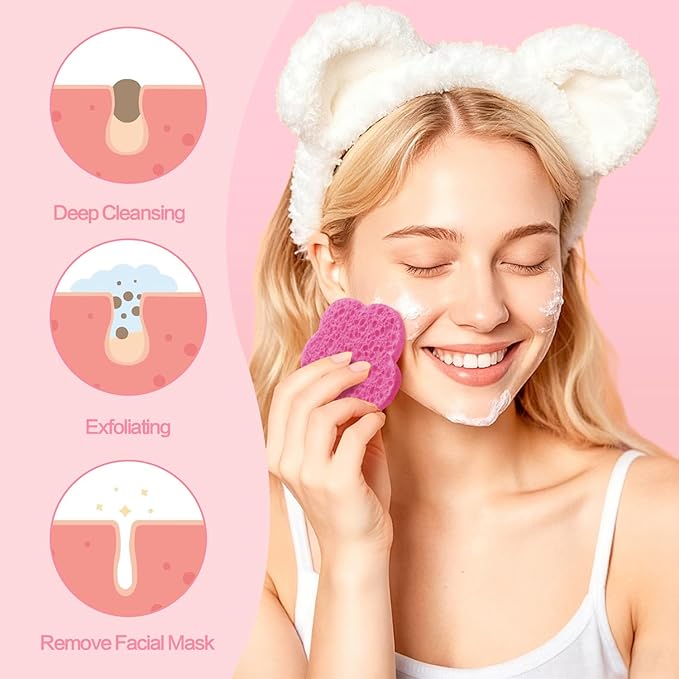 100-Count Facial Sponges Compressed Facial Sponges Natural Facial Cleansing Sponges Pads Cute Flower Shape Exfoliating Sponges for Cleansing Reusable,Best Makeup Gift, Pink