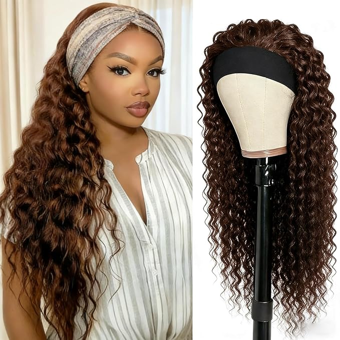 XSY Headband Wig Human Hair Deep Wave Chocolate Brown #4 Brazilian Virgin Curly Headband Wig for Black Women 150% Density 26 Inch