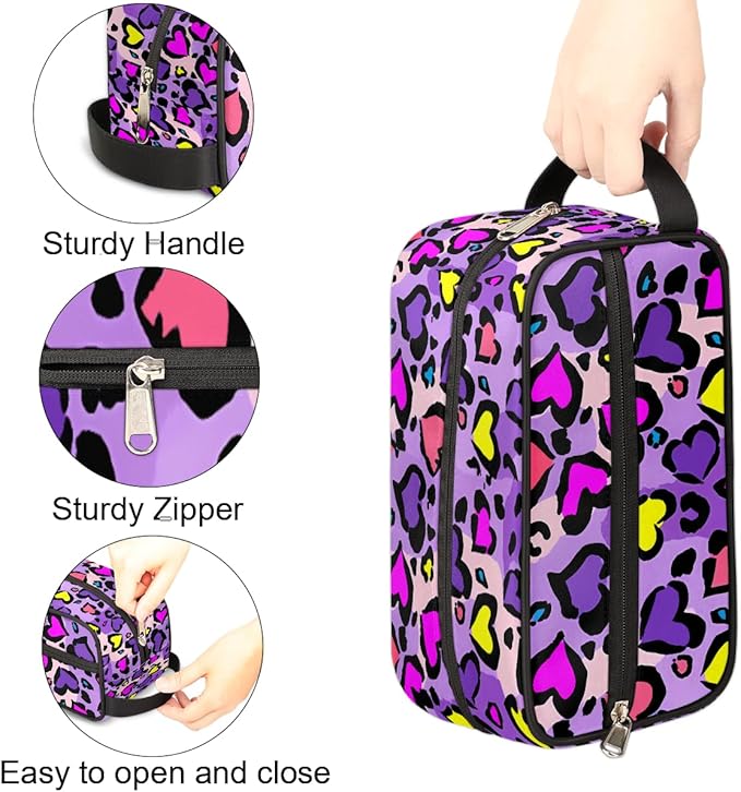 Heart Shape Leopard Skin Print Kids Toiletry Bag for Boys Girls, Cosmetic Makeup Bag with Handle, Travel Shaving Kit Organizer, Waterproof Portable Wash Bag for Gym Vacation Camping Sports