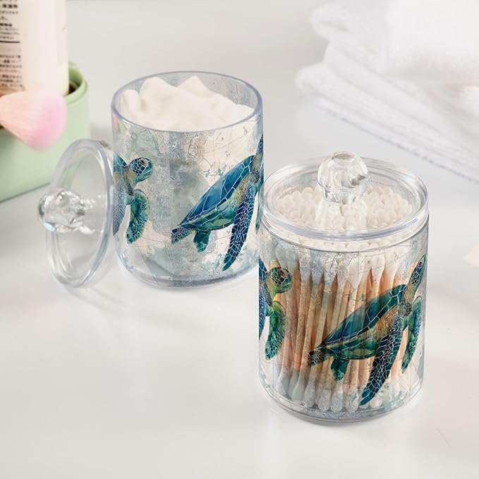 2 Pack Sea Turtle Pattern Apothecary Jars with Lid, 10 Oz Clear Plastic Apothecary Jar Set Qtip Holder Storage Containers for Cotton Ball Swabs Bathroom Vanity