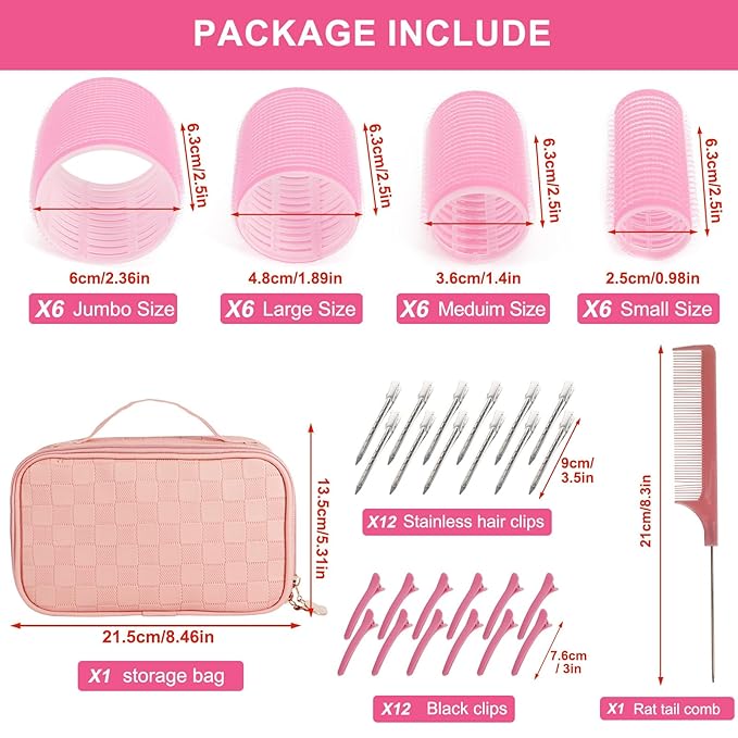 4 Sizes Hair Rollers for Women, 50 Pcs Hair Curler Rollers with Clips, Self Grip Hair Rollers Set for Long, Short Hair and Bangs, 25mm, 36mm, 48mm, 60mm, Pink