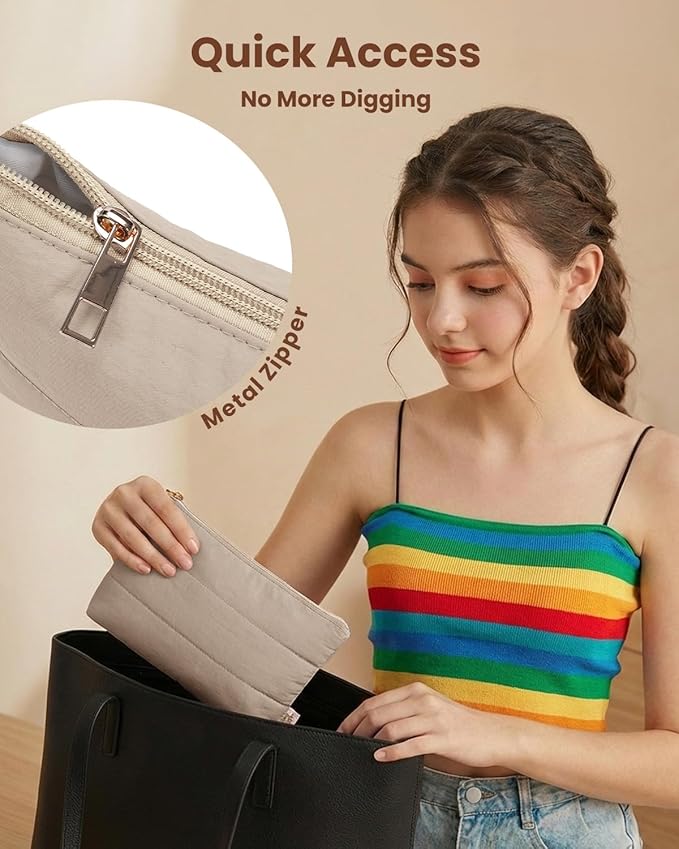 Wandering Nature Small Makeup Bag 2 Pack Cosmetic Bag for Purse, Puffer Quilted Makeup Pouch, Cute Travel Pouch with Zipper for Women, Khaqi