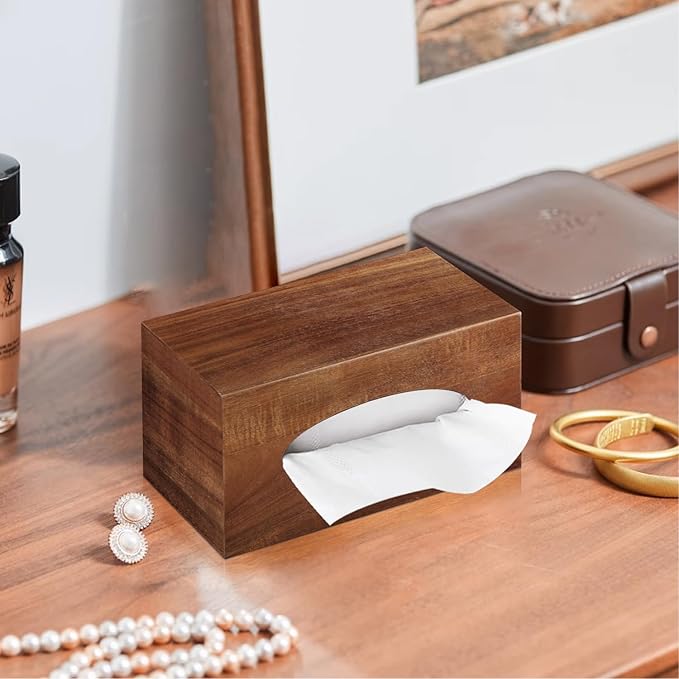 BIBELUN Tissue Box Cover,Acacia Wood Tissue Box Cover Rectangle with Slide-Out Bottom,Wooden Decorative Cube Facial Tissue Holder/Organizer/Dispenser for Bathroom,Office Desk & Bedroom Decor