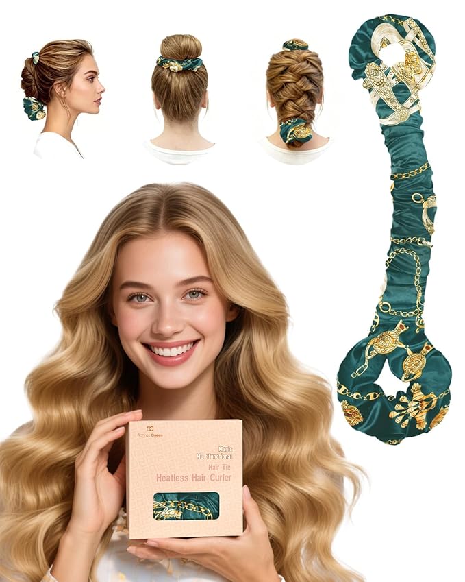 BONNET QUEEN Multi-function Satin Heatless Hair Curler & Hair Tie Non-Heating Hair Roller Curling Rod with Scrunchie, Large, DarkGreen(For Big Curls)