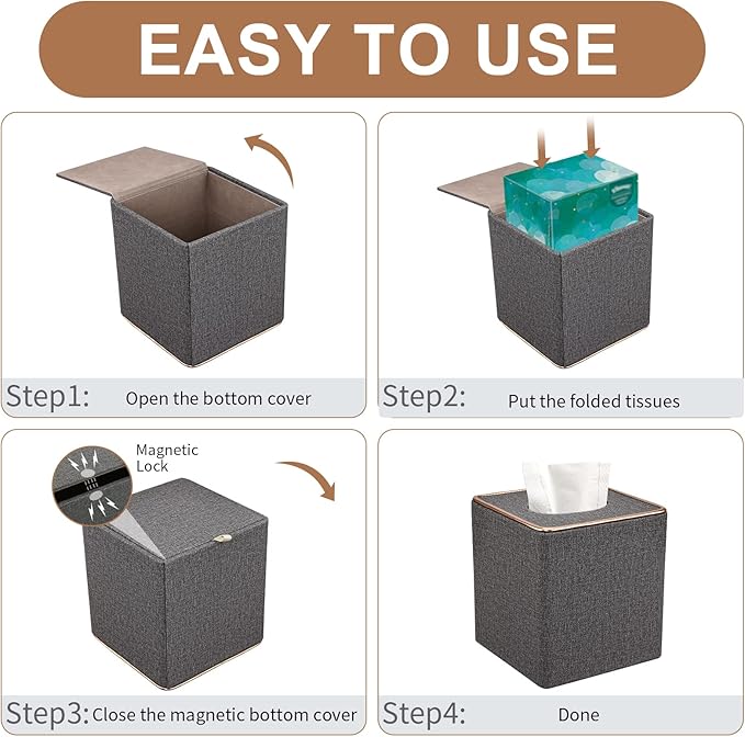 Tissue Box Cover, PU Leather Tissue Box Holder Square Box Covers for Home/Office/Car Decoration 5.3"X5.3"X5.8" - Grey