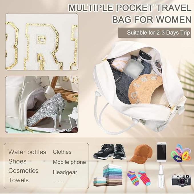 2 Pcs Wedding Weekender Bag Bride Groom Duffle Bag Chenille Letter Patch Travel for Bridal Shower Honeymoon Gift(Bride,White)