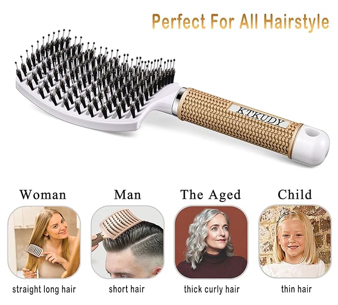 KTKUDY Detangling Hair Brush - Boar Bristle & Tangle-Free Design for Kids, Women, and Men - Perfect for Wet and Dry Hair - Smooth, Magical Pain-Free Styling (White)