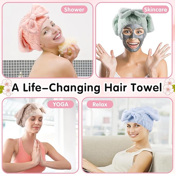 4 Pack Microfiber Hair Towel Cap,Super Absorbent Hair Towel Wrap Drying Hair Cap,Soft Microfiber Hair Drying Towel Cap with Bow-Knot,Anti Frizz Hair Turban Wrap for Curly Long Wet Hair