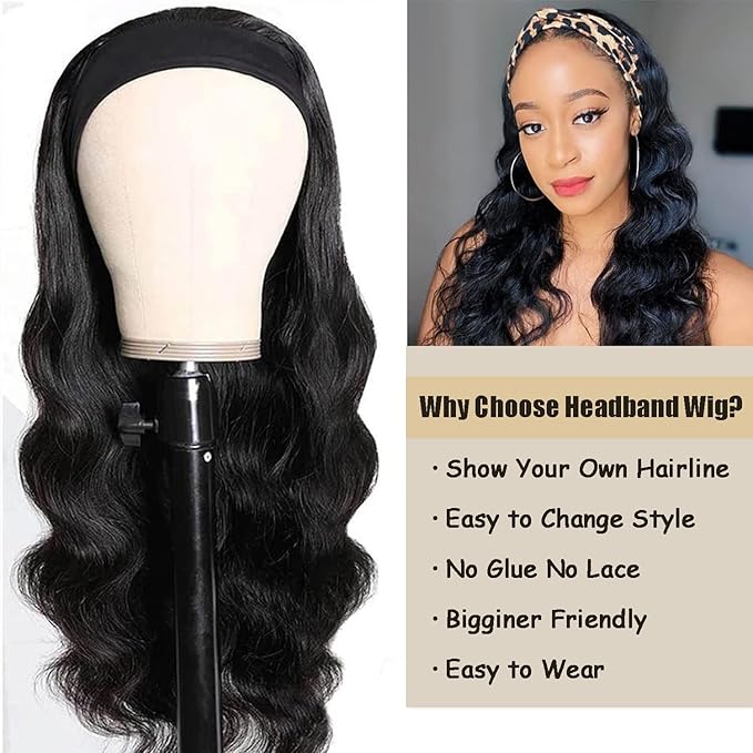 XSY Body Wave Headband Wig Human Hair for Black Women Brazilian Virgin Hair Wear and Go Glueless Wigs Machine Made 150% Density Natural Color 12 Inch