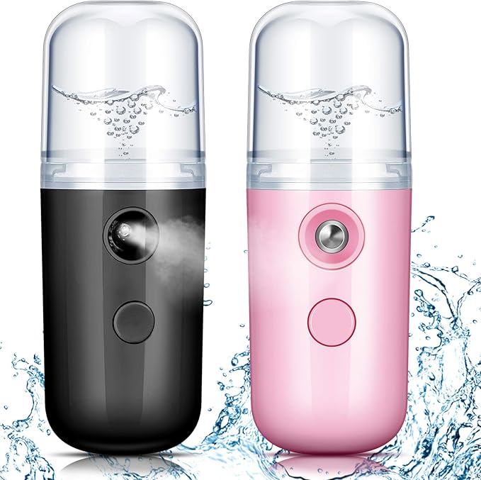 Honoson 2 Pack Nano Facial Mister Spray Bottle Handheld Humidifier Portable Face Mister for Eyelash Extensions USB Rechargeable 1 oz Mini Skin Care Machine for Daily Makeup(Black and Pink)