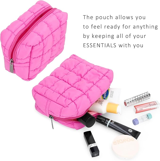 E-Tree Cute Makeup Bag,Quilted Cosmetic Bag,Make up Pouch for Purse,Toiletry Zipper Pouch,Checkered Bag,Travel Case,Storage Pouches for Organization (Hot Pink)
