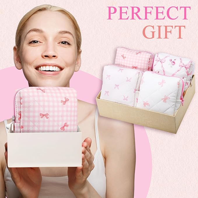 Paterr 4 Pcs Mini Quilted Floral Makeup Bag Women Gifts Small Cosmetic Bag Floral Quilted Makeup Pouch with Zipper Cute Travel Toiletry for Mom Teacher Women Girls Gifts(Coquette Bow, Flower)
