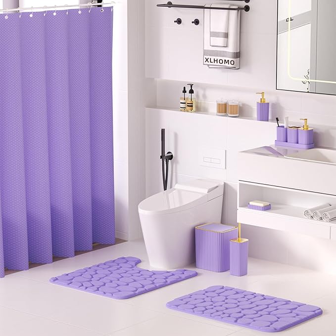 Bathroom Accessories Set - 25PC Bathroom Sets with Shower Curtain and Rugs, Purple Bathroom Set with Trash Can, Soap Dispenser, Soap Dish & Toilet Brush