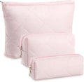 Paterr 3 Pcs Quilted Makeup Bag Set Small Bridesmaid Cosmetic Bag Aesthetic Travel Toiletry Pouch Cute Purse Pencil Case Makeup Storage Organizer for Women Birthday Gifts(Cotton,Pink)