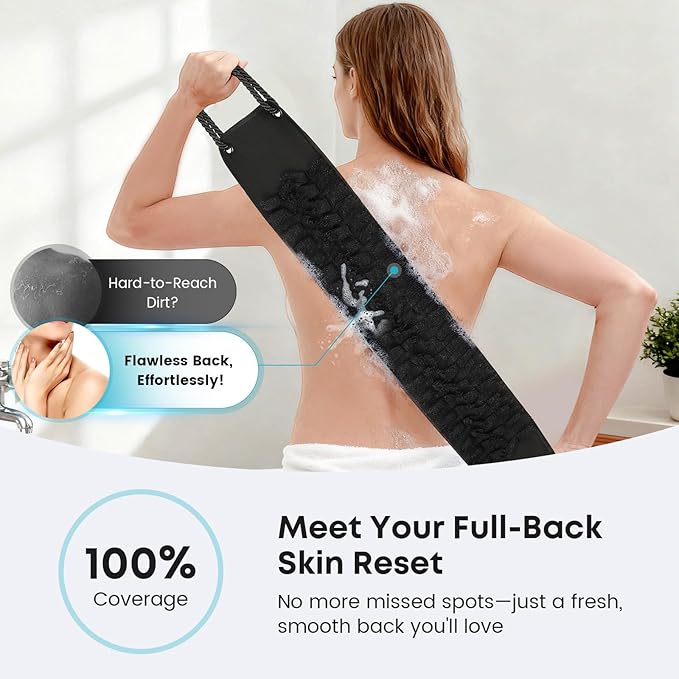 Back Scrubber with Handles for Shower, Wider 40 Inches Dual-Sided Back Washer with Exfoliating Texture and Loofah for Men, Women and Elderly, Bath Back Exfoliator Body Cleaner for Deep Cleansing