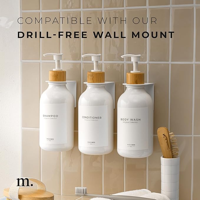 MaisoNovo Refillable Shampoo and Conditioner Bottles - 16.9 fl oz Set of 3 White Plastic Bottles White Bamboo Pumps