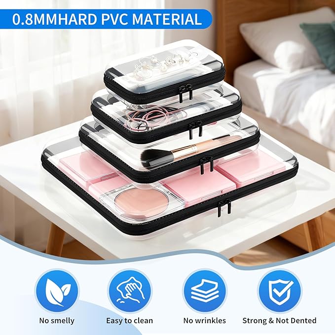 Clear PET Plastic Storage Boxes with Double Zippers, 4 Sizes (S/M/L/XL) Waterproof Organizer Cases for Toys, Cosmetics, Snacks, Travel Essentials (Black)