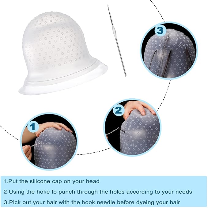 FRIUSATE Hair Coloring Highlighting Cap, 2 Pieces Silicone Highlight Cap Pull Through Caps Hair Coloring Frosting Cap with Hook, Hair Highlighting Kit Gloves and Brush for Salon Tools Women Men