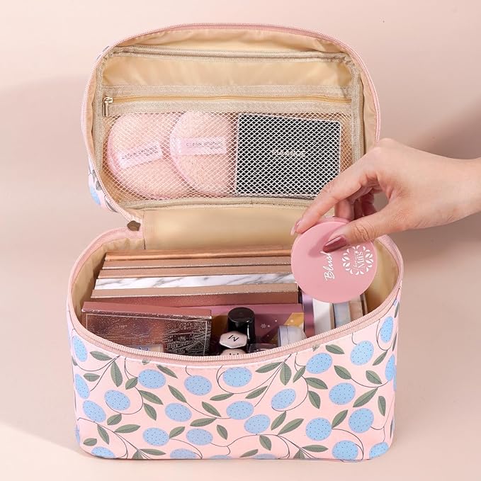 MAANGE Travel Makeup Bag, Cosmetic Bag, Portable Large Capacity Makeup Case, Make Up Organizer For Women, Oxford Cloth Toiletry Bag With Handle (Pink Plants)
