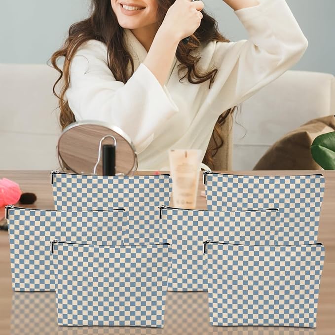 6 Pcs Checkered Makeup Bags Make up Bag Cosmetic Bags for Women Girls Sister Bridesmaid Auntie Friendship Christmas Birthday Travel Toiletry Bag Aesthetic Zipper Organizer Accessories, Cute Blue Plaid