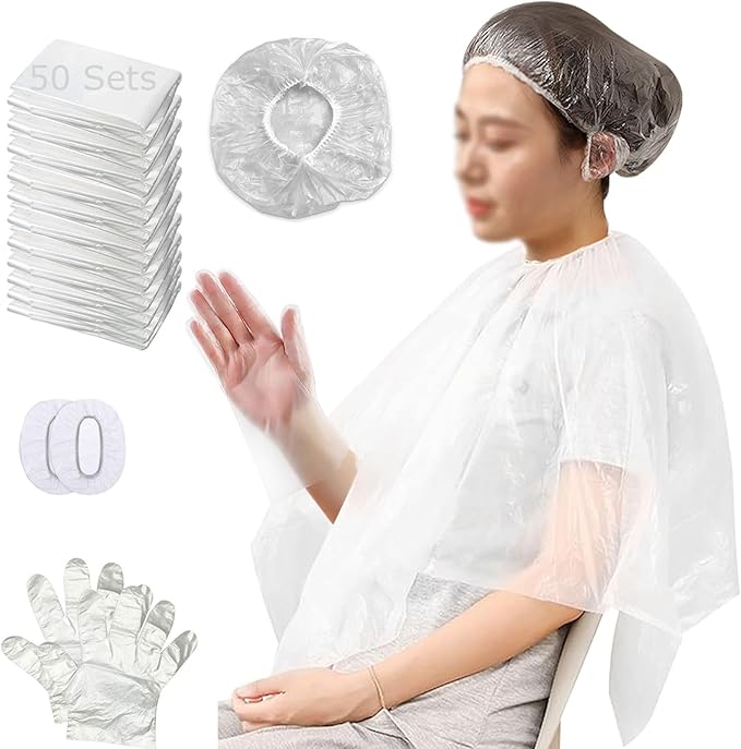 50 Pack Disposable Hair Dye Cape Waterproof Hair Color Cutting Cape Short Comb Out Beauty Salon Cape for Clients Hair Stylist Bleach Shampoo 39.3in with Caps Ear Covers Gloves