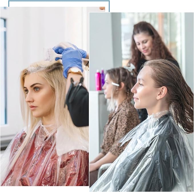 100 Pcs Disposable Hair Cutting Capes Waterproof Barbershop Hair Salon Cape Plastic Dye Coloring Apron Shawl Hairstylist Clear Barber Shampoo Cape (47 x 36 Inch)
