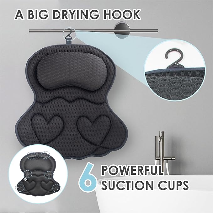Bath Pillows for Tub Luxury, Bath Pillow for Head and Neck, Fit Bathtub Hot Tub Relaxing Gifts for Women, Comfort 4D Air Mesh Fabric & 6 Non-Slip Suction Cups (Gray)