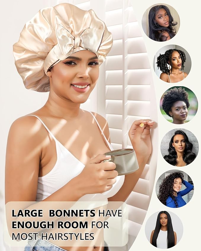Satin Bonnet Silk Hair Bonnets for Women Curly Hair Wrap Night Cap Double Layer Sleep Cap Reversible with Tie Band (Brown + Champagne)