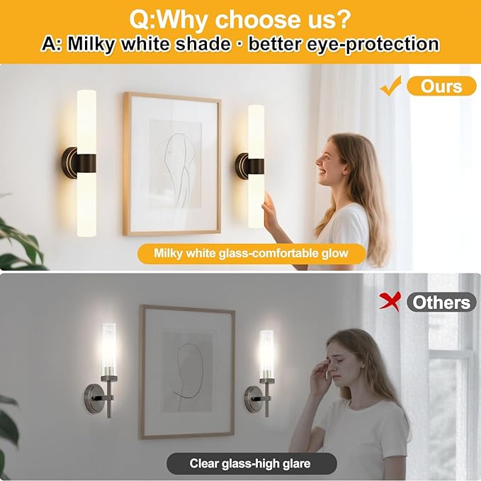 Wall Sconces Set of Two, Modern Bathroom Sconces Wall Lighting with Milky White Glass, Brown Sconces Wall Decor Set of 2 for Bathroom Mirror Bedroom Living Room Hallway