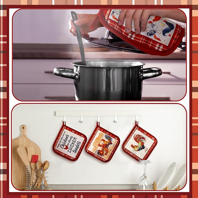 Bencailor 12 Pcs Pot Holders with Pocket Kitchen Hot Potholders Hot Pad Oven Mitts Cookie Bag Oven Gloves for Kitchen Gift Baking Cooking(Red,Red Rooster)