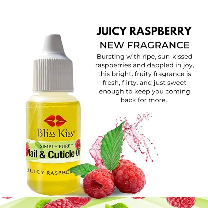 Bliss Kiss | Juicy Raspberry Fragrance | Nail Oil Cuticle Dropper w/Vitamin E & Jojoba⏤Nail Strengthener Nail Growth Serum for Brittle Peeling Breaking Thin Nails | 0.5oz | (Juicy Raspberry)