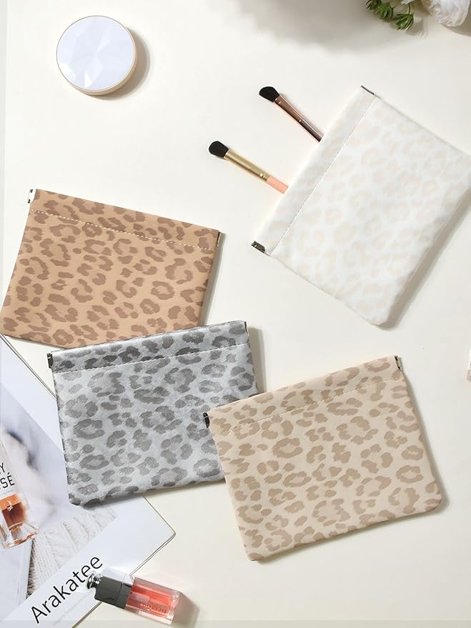 Leopard Leather Small Makeup Pouch for Women,Cosmetic Accessories,Waterproof and Portable Cosmetic Bag,Self-closing, No Zipper, Aesthetic Storage Pouch,Lipstick for Purse,Oyster Grey Brown