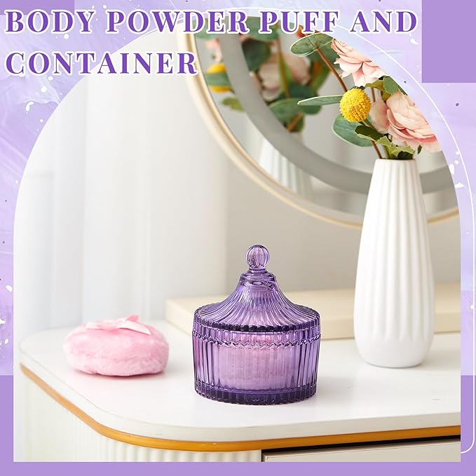 Tioncy 3 Pcs Large Body Powder Puff and Container Valentine's Day gift Powder Container with Puff Crystal Case Soft Washable Reusable Velour Face Body Glitter Wet Dry Makeup(Classic,Purple)