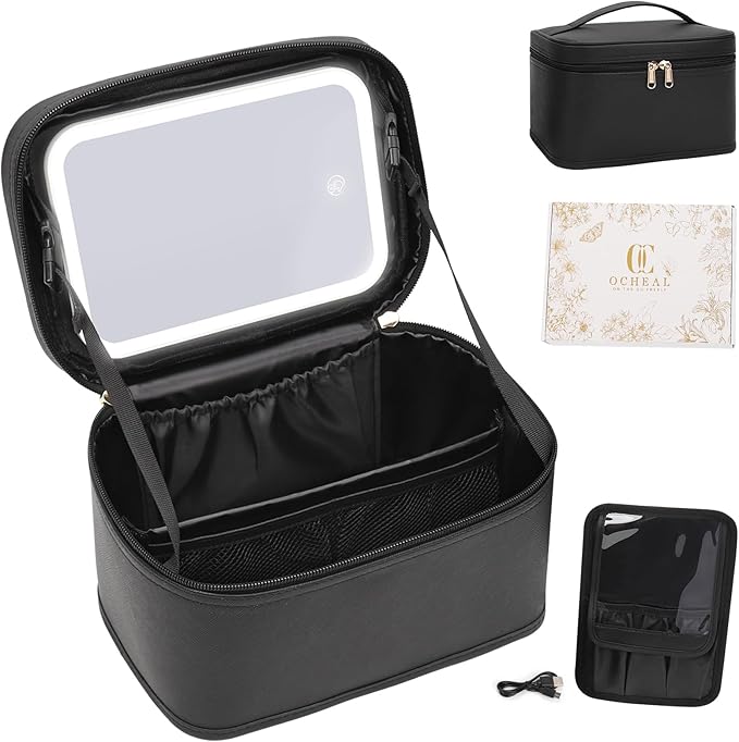 OCHEAL Makeup Bag With LED Mirror, Travel Makeup Bag With 3 Color Setting Light Up Mirror Cosmetic Organizer Vanity Case for Women Beauty Tools Accessories Rechargeable Makeup Travel Bag-Black
