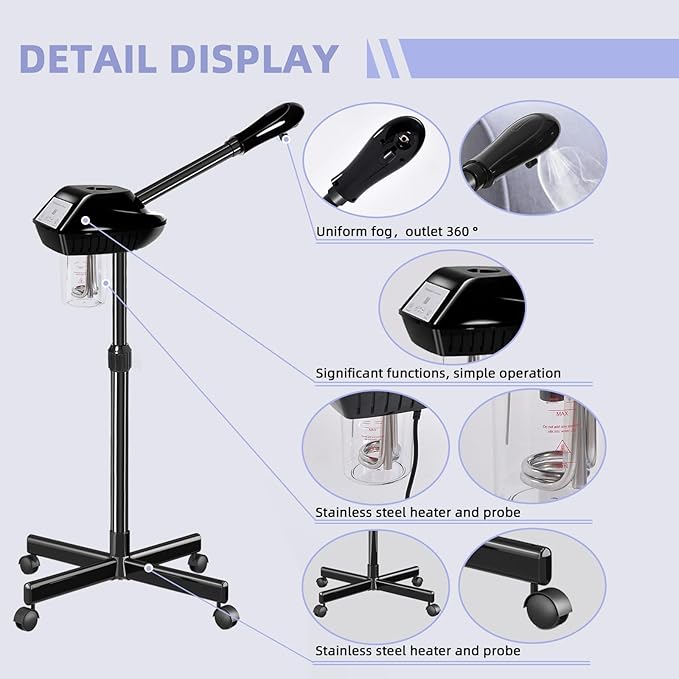 Professional Facial Steamer with More Steam for Deep Cleansing and Hydration, Face Steamer on Wheels with Time Setting, Estheticians Steamer Adjustable Height for Beauty, Spa and Home Use（Black）