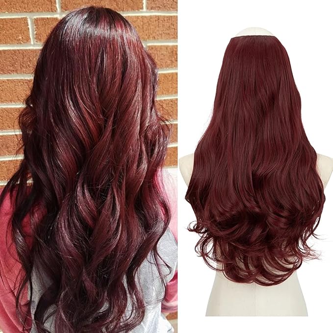 SARLA Burgundy Clip in U Part Hair Extensions Synthetic Long Wavy Curly Thick Full Head Hairpiece for Women Wine Red 24 Inch