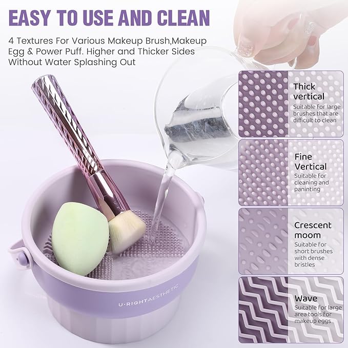 2 Pack Makeup Brush Cleaner Mat 3 in 1 Silicone Makeup Brush Cleaning Bowl Makeup Brush Sponge Scrubber Tool for Cleaning, Storage and Upside Down Drying, （Two Khaki）