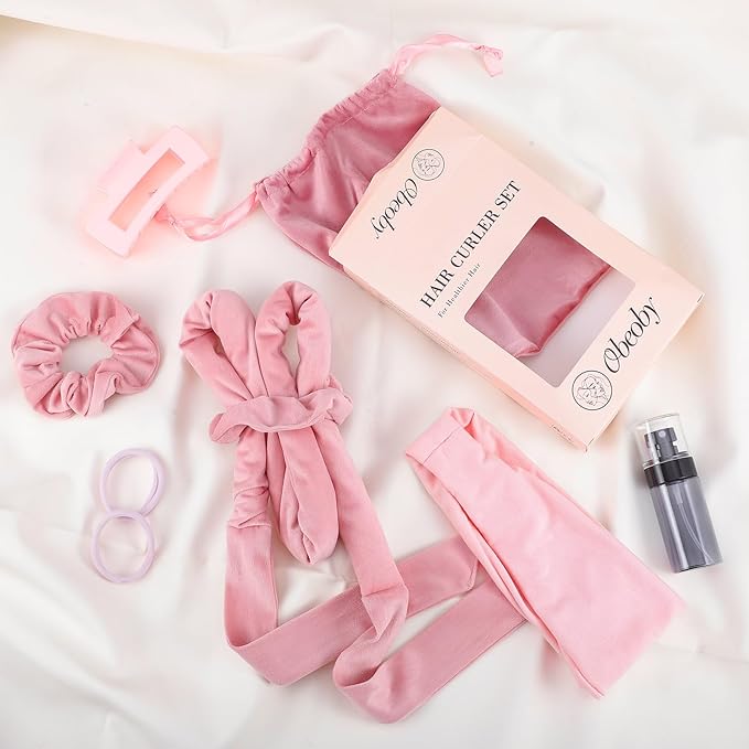 Obeoby Heatless Curls Overnight Set, No Heat Hair Curlers To Sleep In, Hair Rollers with Scrunchies and Clips for Women Long & Short Hair, pink