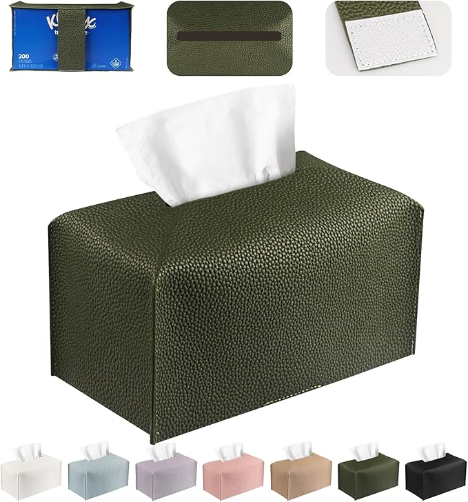 Tissue Box Cover PU Leather Tissue Holder Rectangle Facial Tissue Case Tissue Box Organizer Dispenser for Bathroom, Kitchen, Home, Office, Tabletop (OliveGreen, Tall)